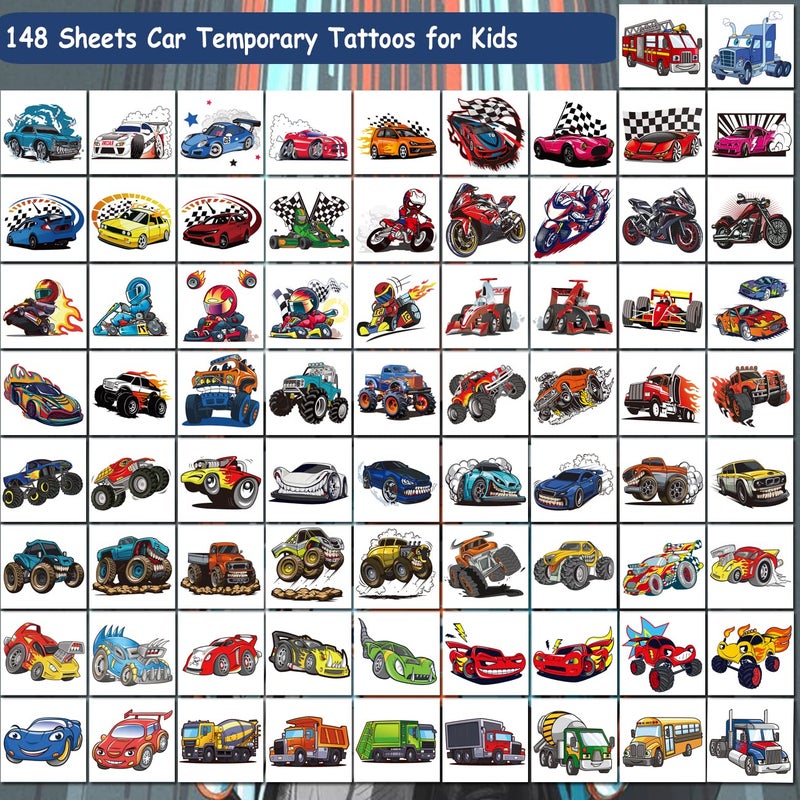 CHARLENT 148 PCS Race Car and Monster Truck Temporary Tattoos for Kids - GoKart Car Individual Tattoos for Boys Racecar Birthday Party Favors Goodie Bag Fillers - Image 2